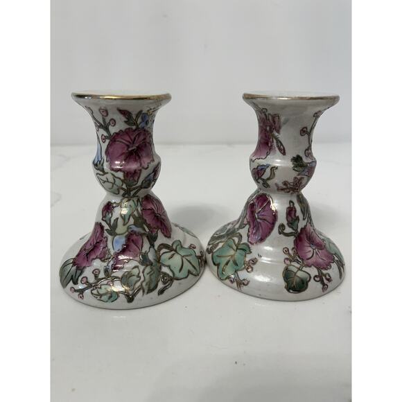 Jena Hall for Toyo VTG Hand Painted Flowery Lusterware Candlesticks-Pair of 2 - Picture 2 of 6